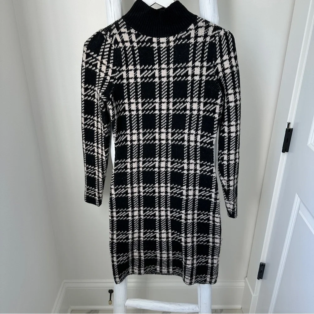 Pink Rose Black & Cream Mockneck Turtleneck Checkered Knit Sweater Dress Size S